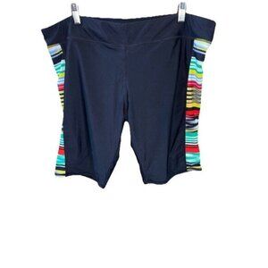 Women Black Swim Shorts Biker Bottoms 2XL Inseam 10” Striped Side Lined Stretch